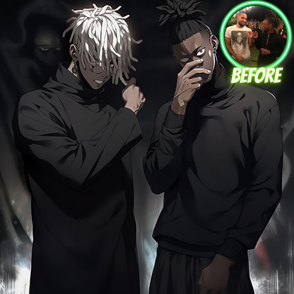 Custom Anime Portrait, Anime Posters, custom bleach poster, Anime portraits Bleach hollow transformation, customer before and after,  Personalized bleach poster, bleach posters, bleach hollow poster, 2 friends, 2 black males, white hair, black hair.