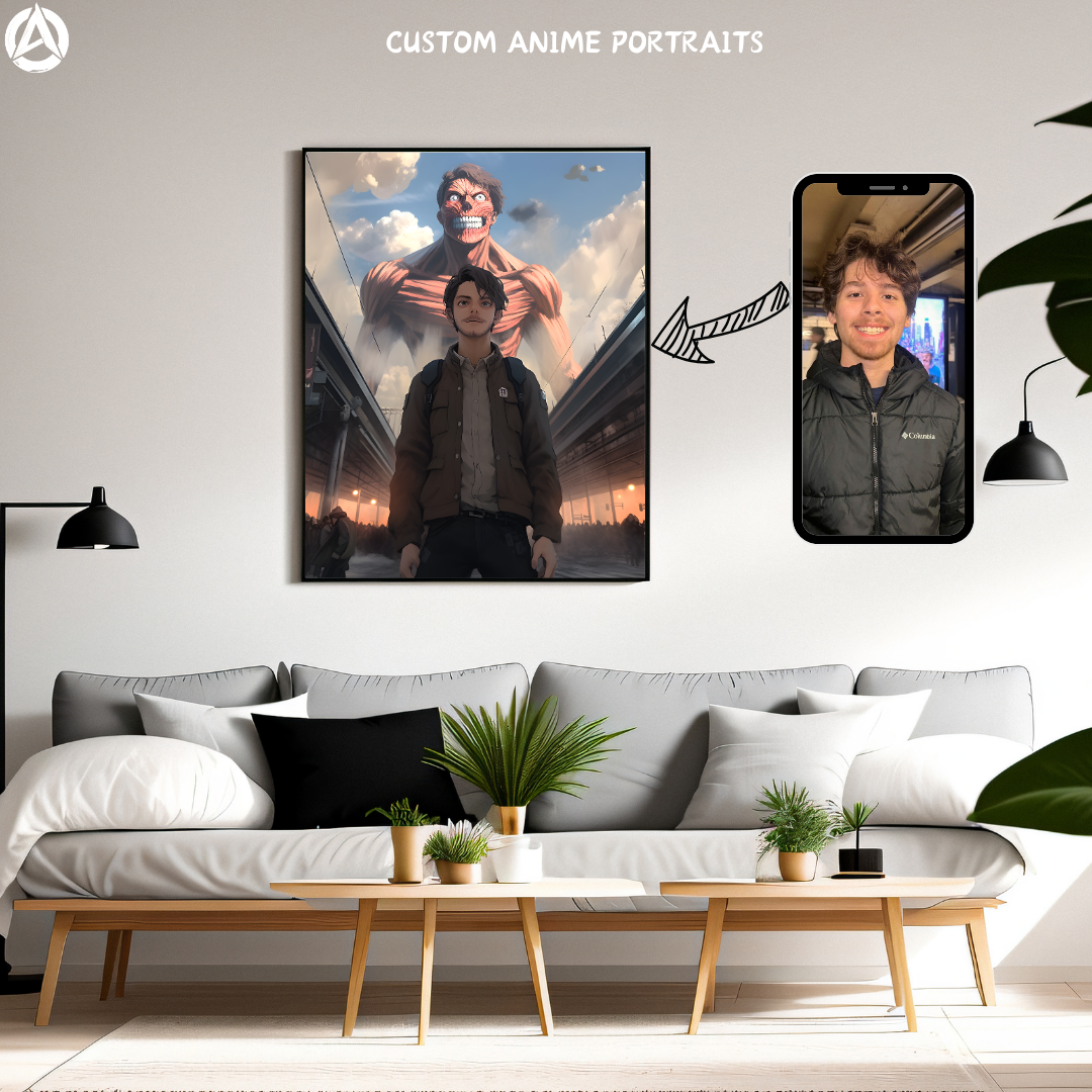 Custom Anime Portrait, Attack on Titan Poster, on wall, AOT poster, Personalized AOT Poster, black frame, anime posters, Custom anime portraits maker, Custom anime couple portrait, Anime portrait shop, Custom anime portraits online, Custom anime portraits free, Anime portraits generator, Anime portrait drawing.