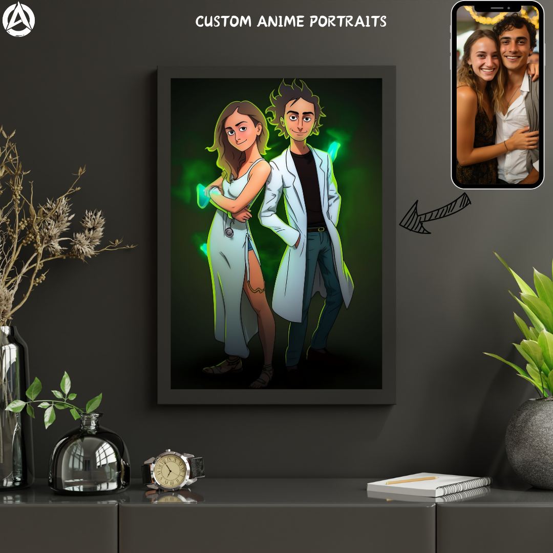 custom anime posters, anime portraits, Rick & Morty Poster, black frame, Rick & Morty Portrait on wall, Custom anime portraits maker, Custom anime couple portrait, Anime portrait shop, Custom anime portraits online, Custom anime portraits free, Anime portraits generator, Anime portrait drawing.