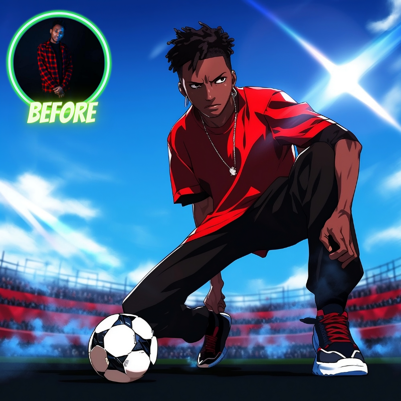 custom anime portraits, blue lock anime portrait, anime posters, blue lock posters, custom blue lock portraits, before and after, black male, football anime posters