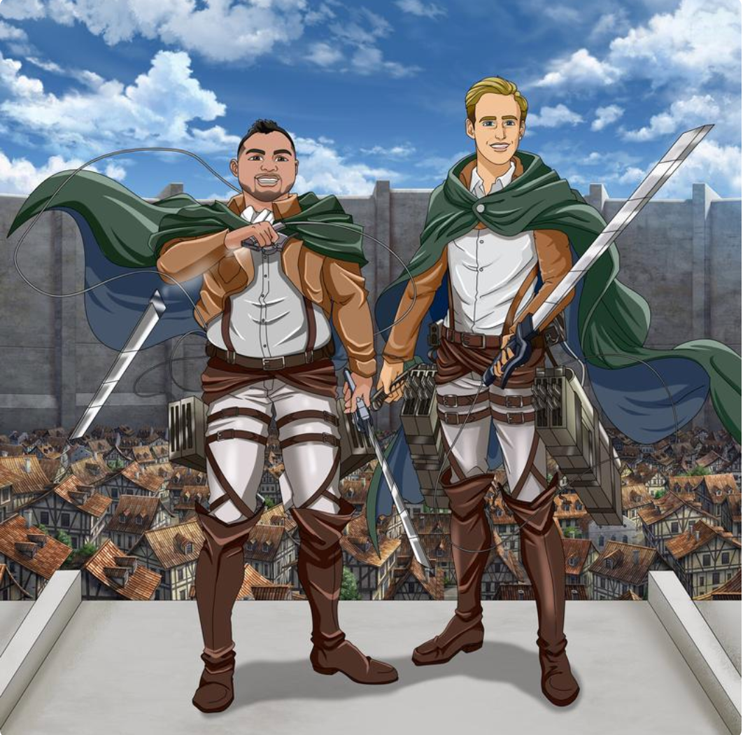 Custom Anime Portraits, Custom AOT poster, Anime posters,  Before & After AOT, Attack on Titan Poster, Personalized Attack on Titan portrait, white man blonde hair with mexican friend, customer