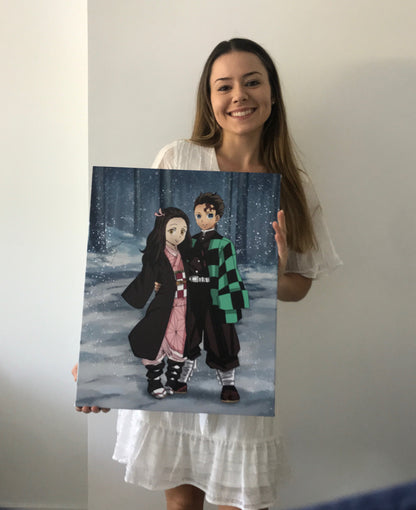  custom anime portrait, anime posters, demon slayer posters, custom demon slayer portrait, Anime poster on wall, personalized demon slayer poster, demon slayer wall art, demon slayer portraitfemale holding demon slayer couple poster, customer holding anime portrait